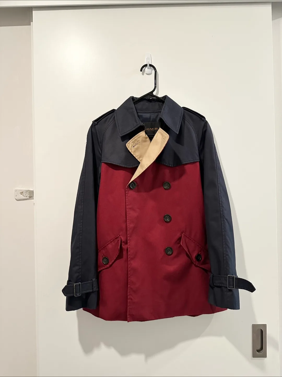 Coach Belted Trench Coat Jacket- Beige Red Navy Size S thumbnail