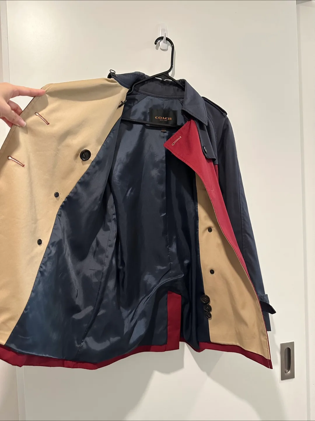 Coach Belted Trench Coat Jacket- Beige Red Navy Size S image indicator(4)