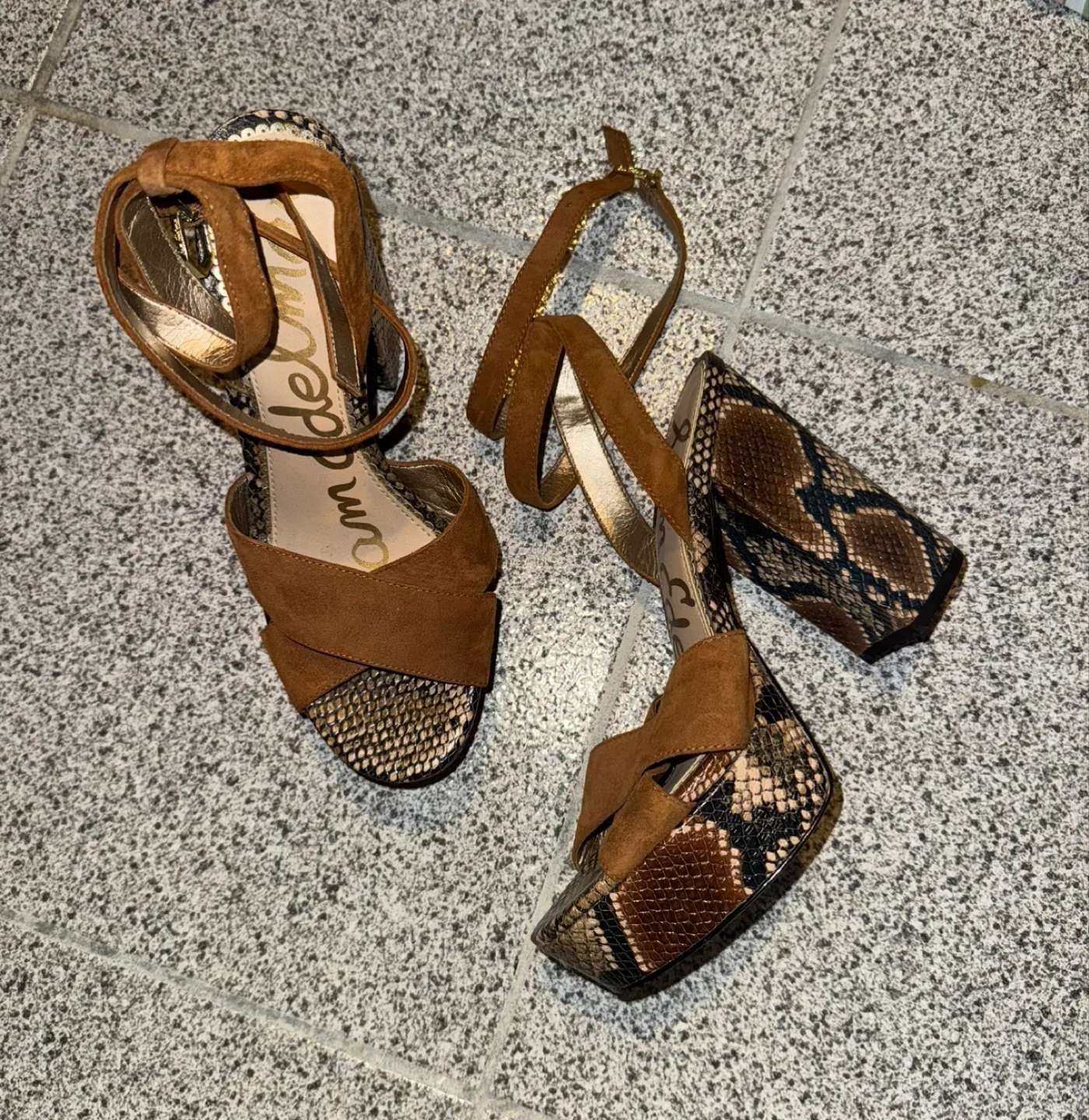 New Sam Edelman Brown Suede Snakeskin Heels size 7 thumbnail