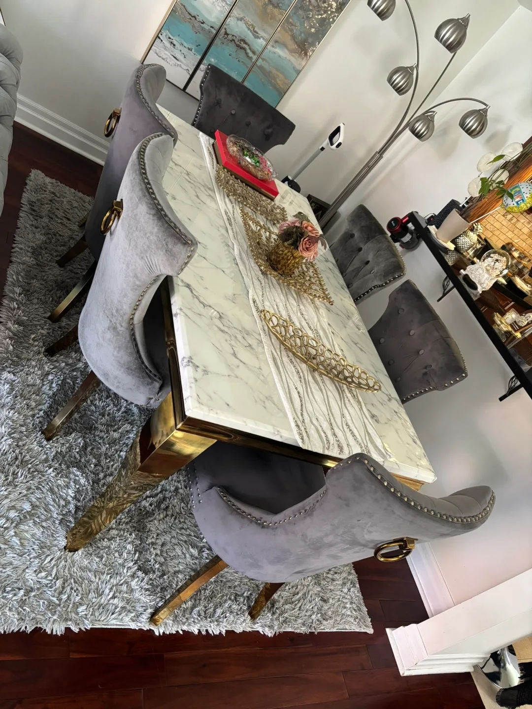 Marble Dining Table with 6 Grey Velvet Chairs thumbnail