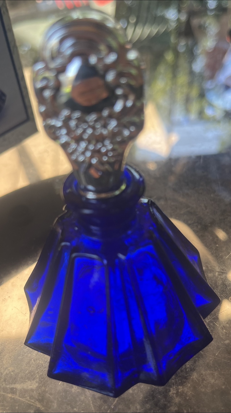 Blue Perfume Bottle with Silverplated Stopper