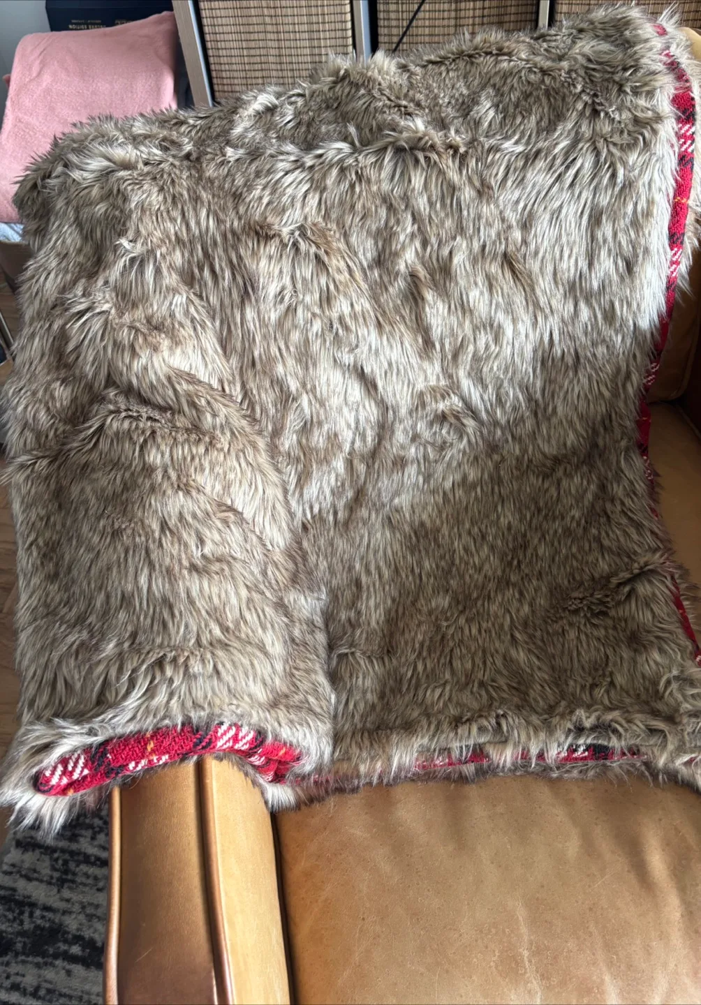 Pottery Barn Stewart Plaid Faux Fur Back Throw thumbnail