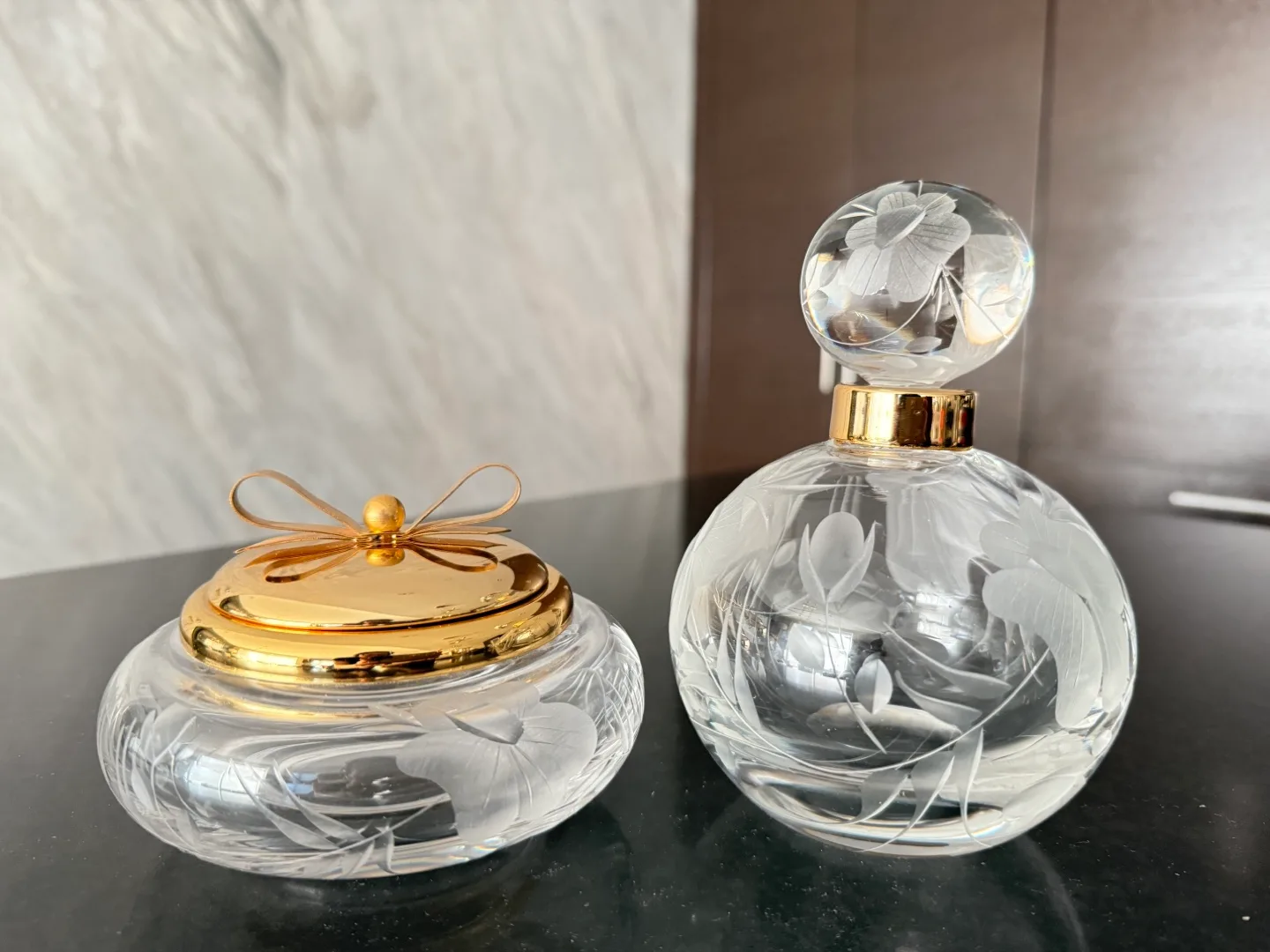 Etched Glass Vanity Jars with Gold Accents thumbnail