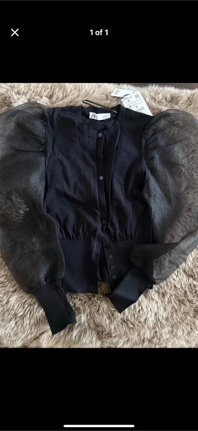 Zara Black Puff Sleeve Cardigan - Size M thumbnail