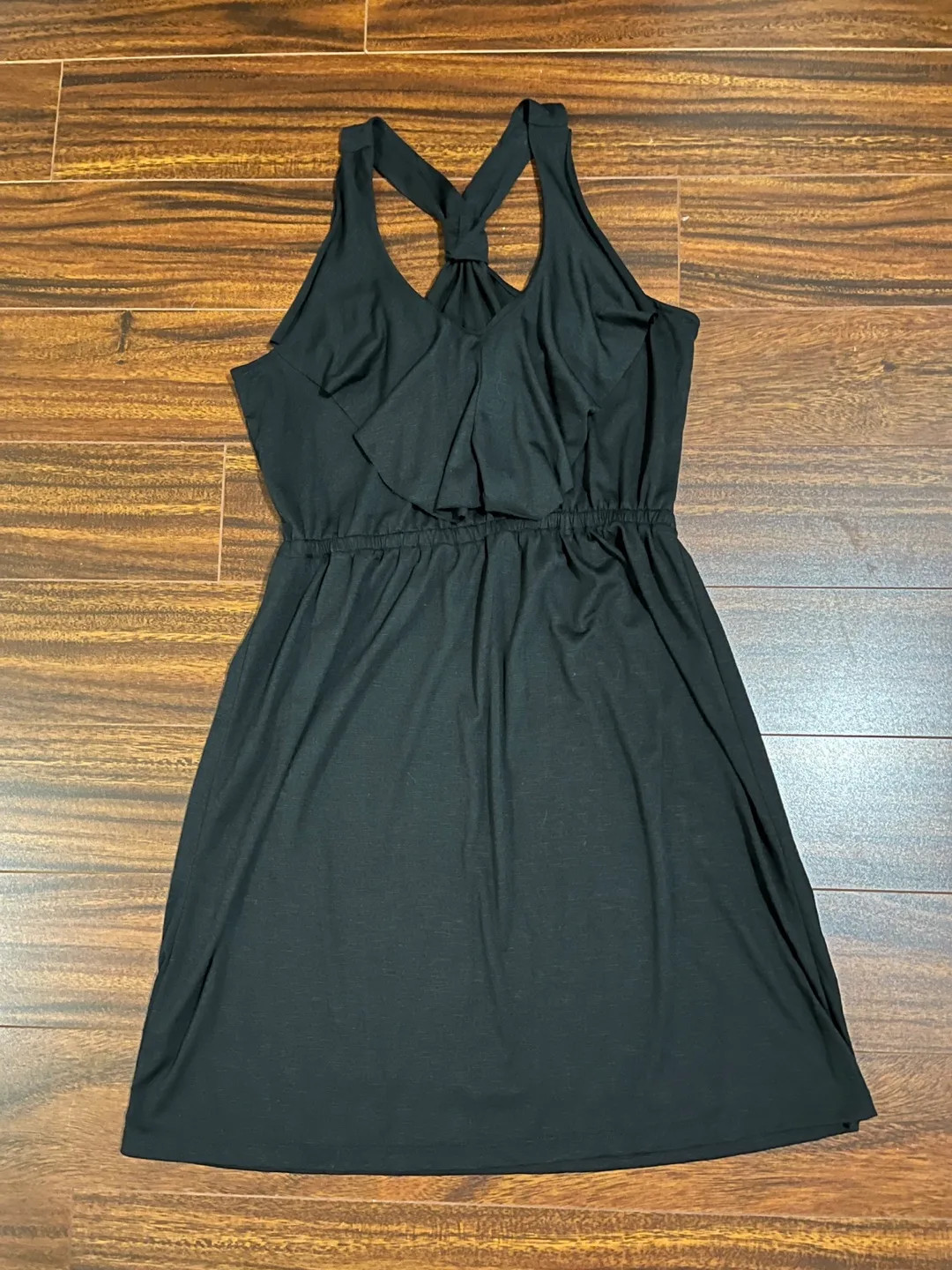 George women’s medium black dress, NWT, racerback, ruffle front thumbnail