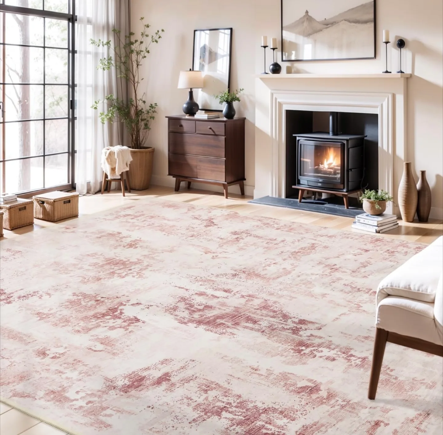 5x7 Area Rug - pink and cream mashing washable NEW thumbnail