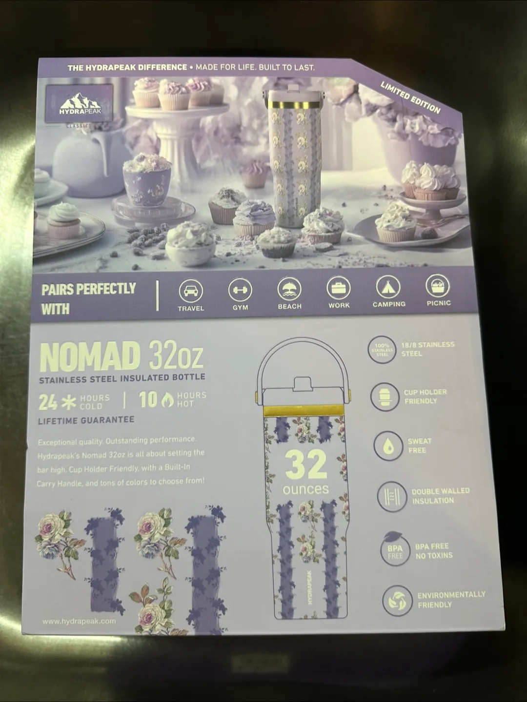 BNIB Hydrapeak Nomad 32oz Floral Bloom LAVENDER image indicator(2)