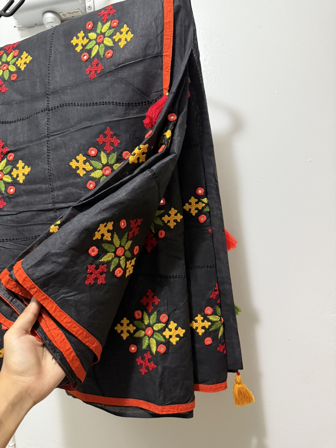 Embroidered Black Cotton Saree with Tassels - photo 3