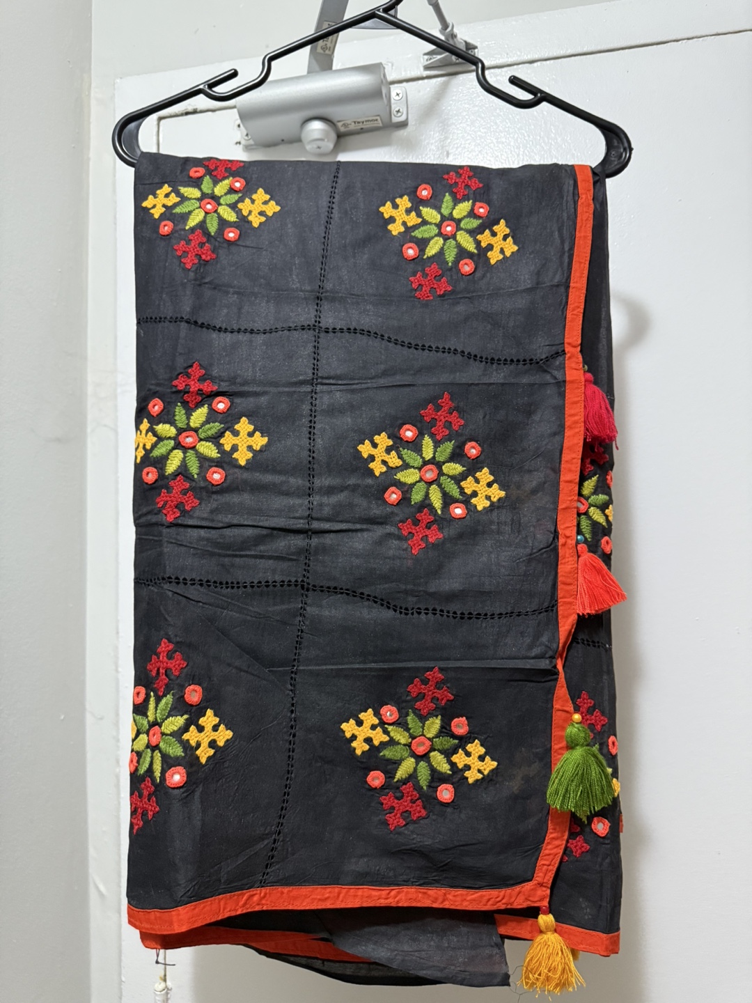 Embroidered Black Cotton Saree with Tassels - photo 2