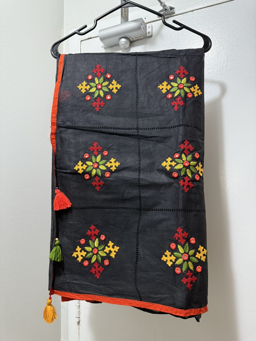 Embroidered Black Cotton Saree with Tassels