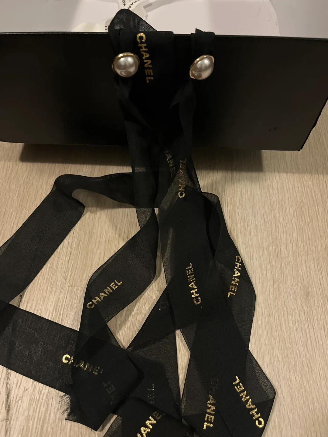 Chanel Black Ribbon with Pearl Detail thumbnail