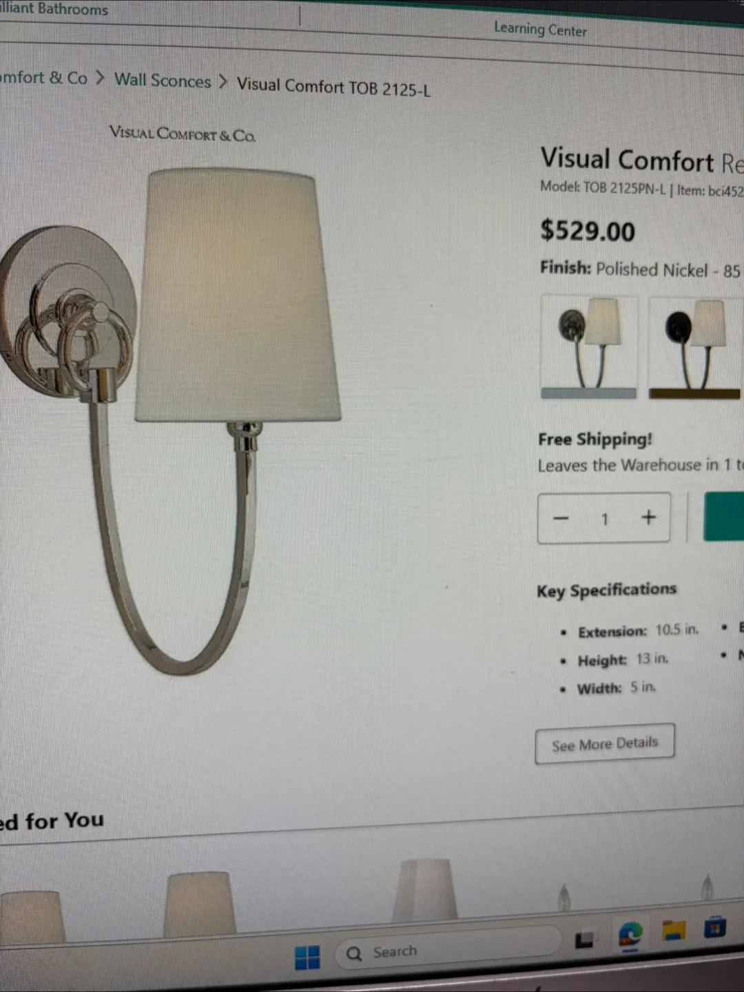 Visual Comfort Reed Single Sconce - Polished Nickel thumbnail