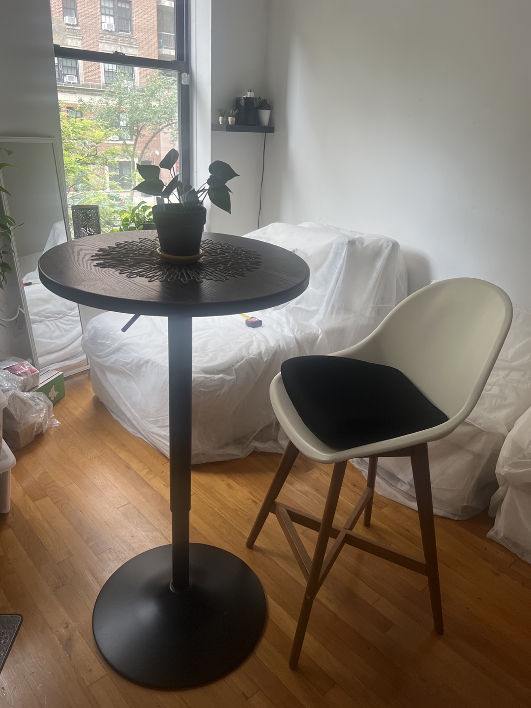 Round Dark Wood Bar Table & White high Chair