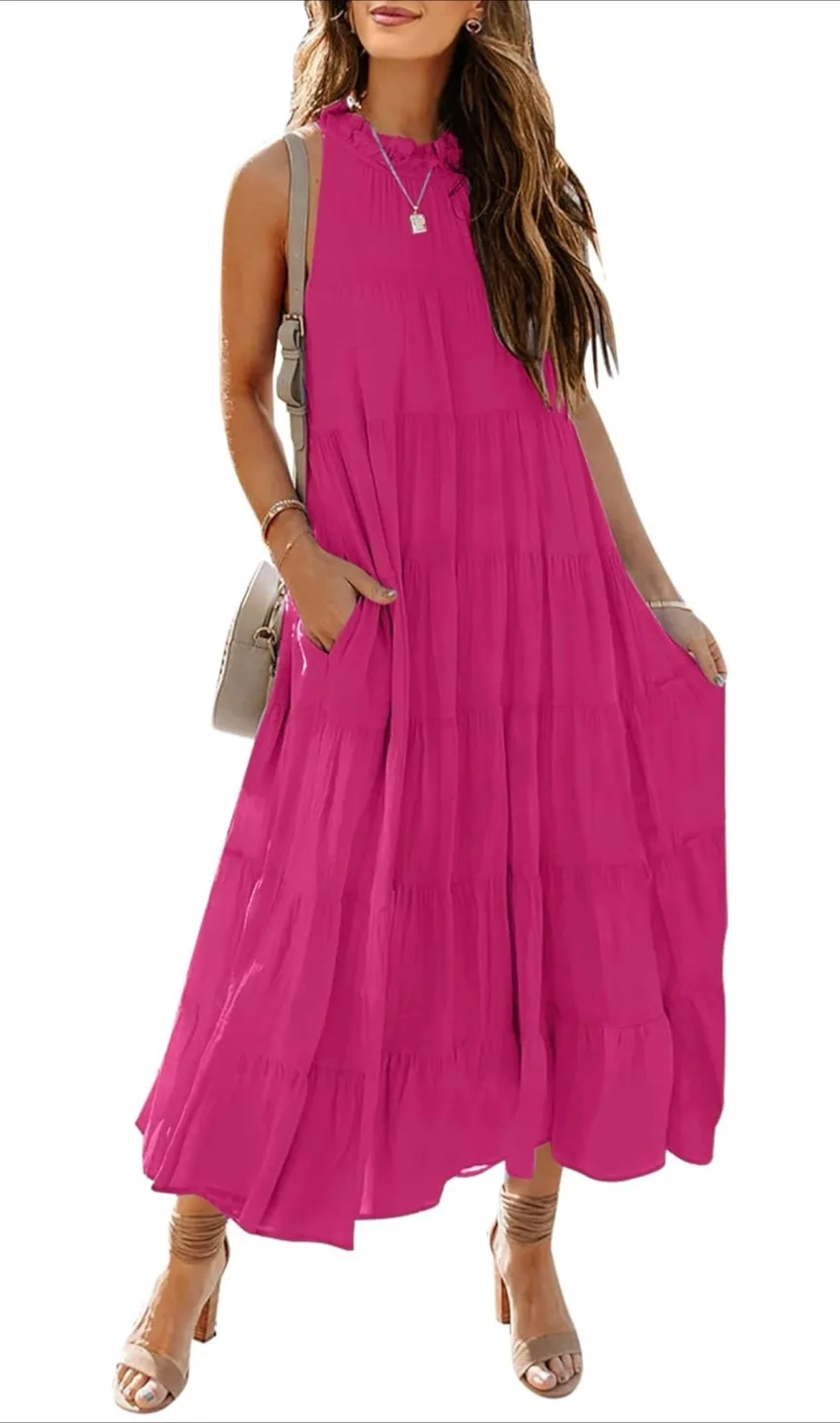 NEW! HAEOF Sleeveless Halter Maxi Pleated Tiered Sundress thumbnail