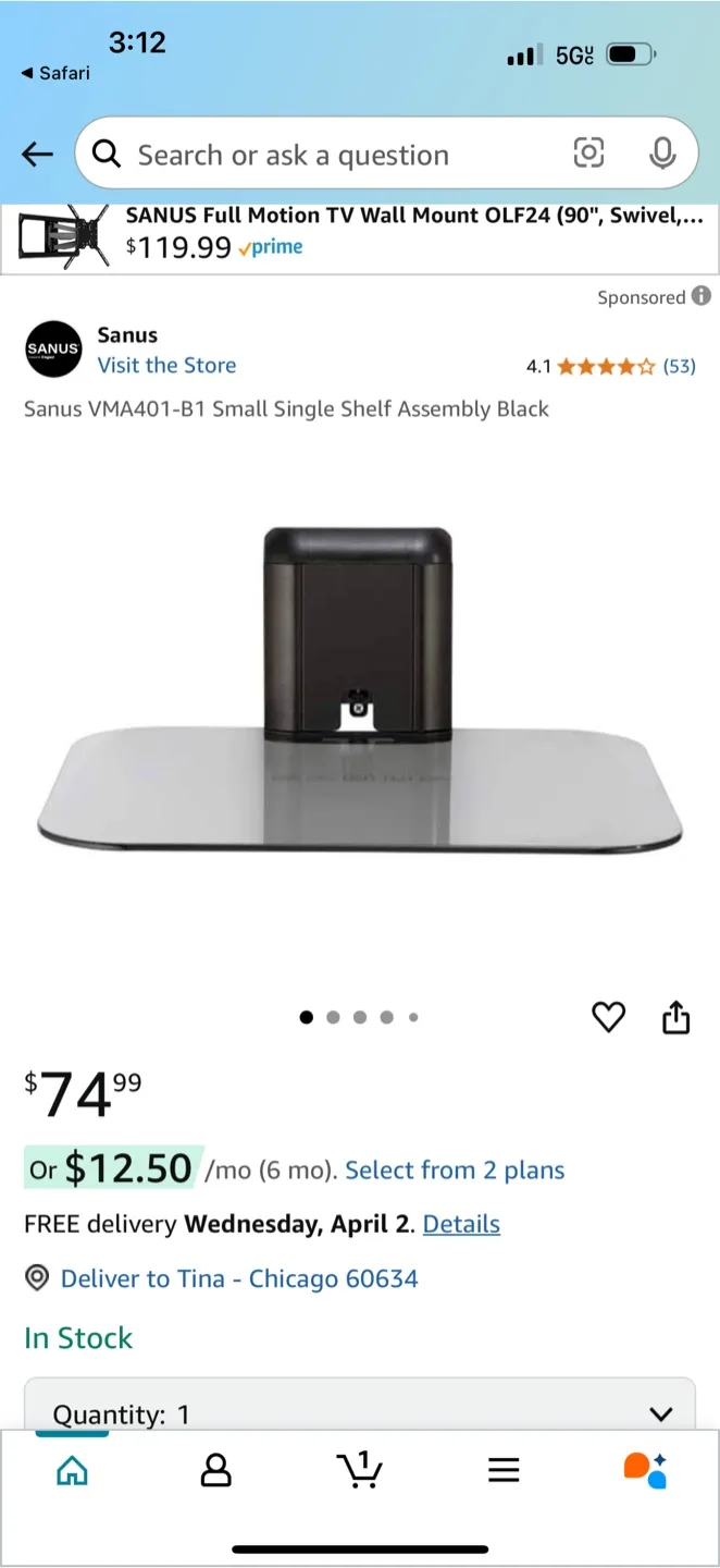 Sanus Small Single Shelf Black image indicator(3)