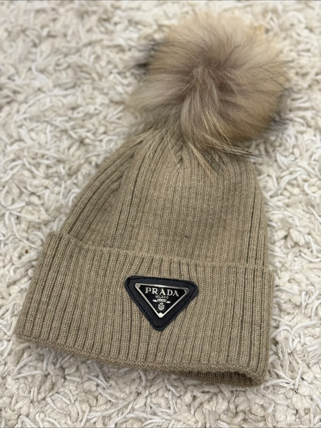 Prada Milano Beanie Hat with Fur Pom Pom thumbnail