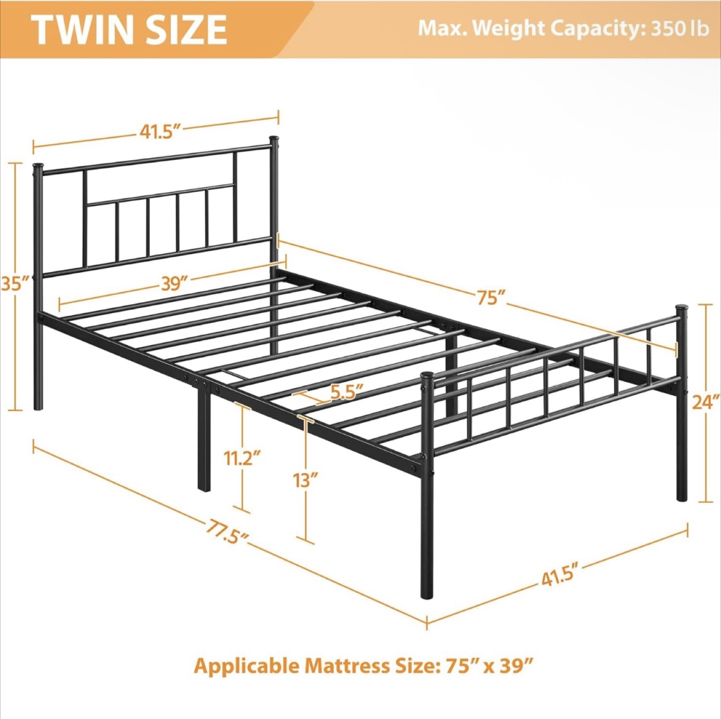 Twin Size Black Metal Bed Frame - photo 2