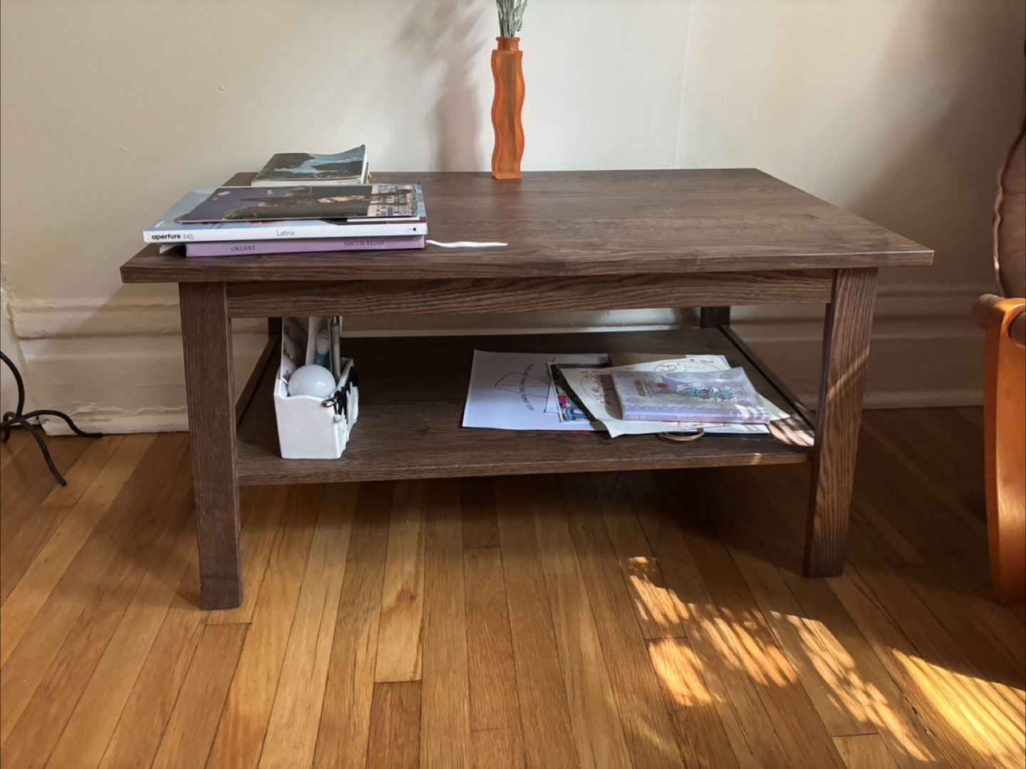 Vintage Brown Wooden Coffee Table with Shelf - photo 2