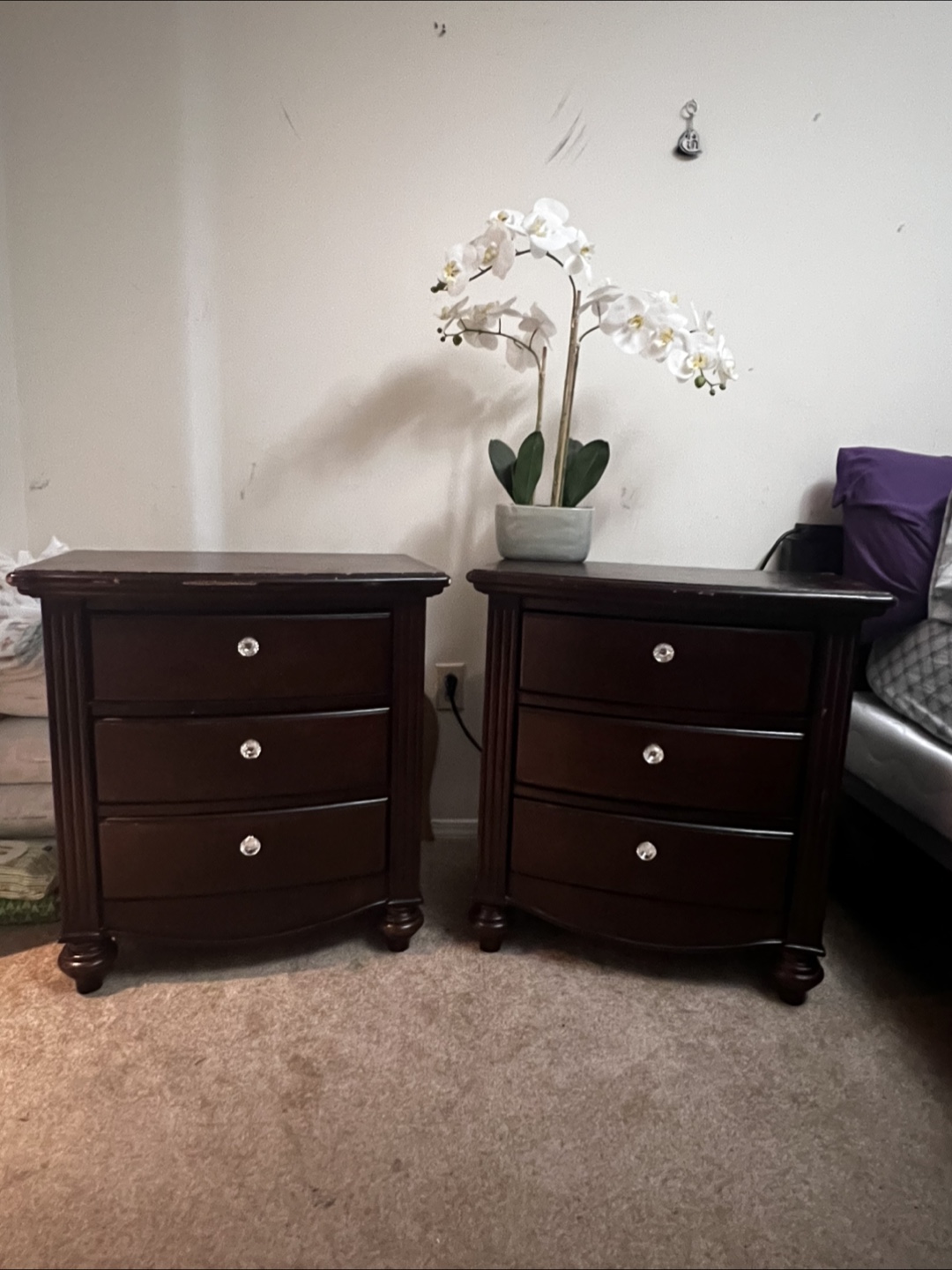 Two Brown Wooden 3-Drawer Nightstands
