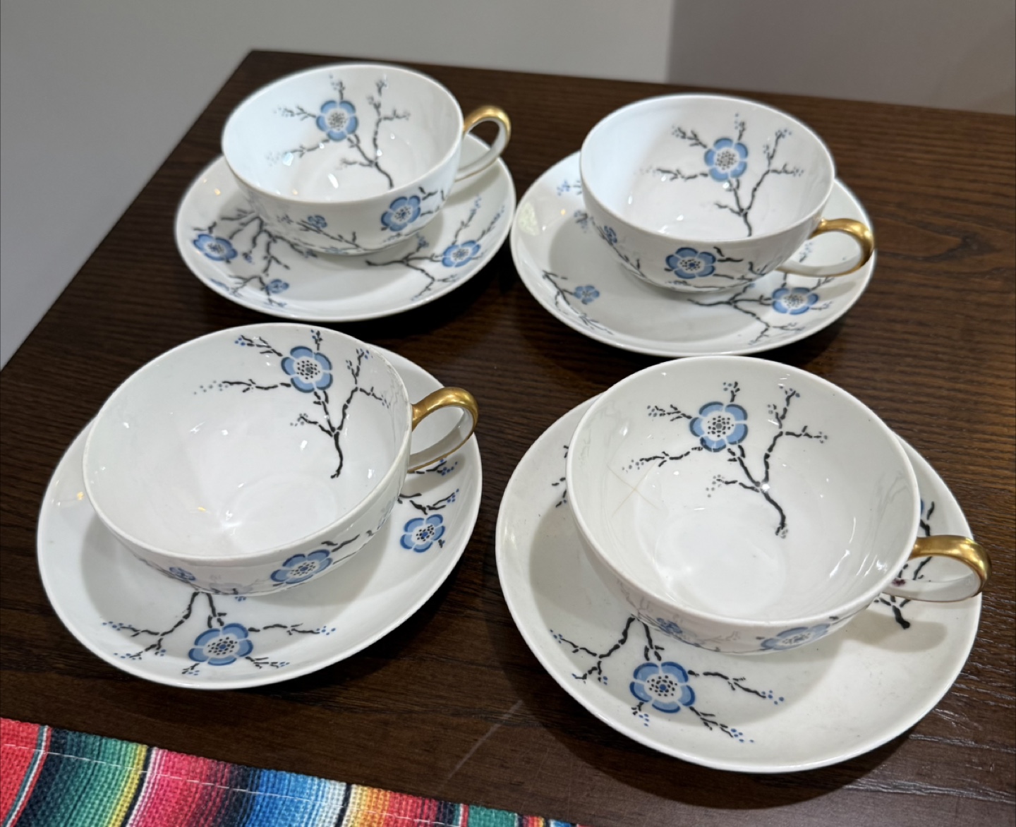 4 tea cups and saucers M Redon Limoges "CHERRY BLOSSOM" France