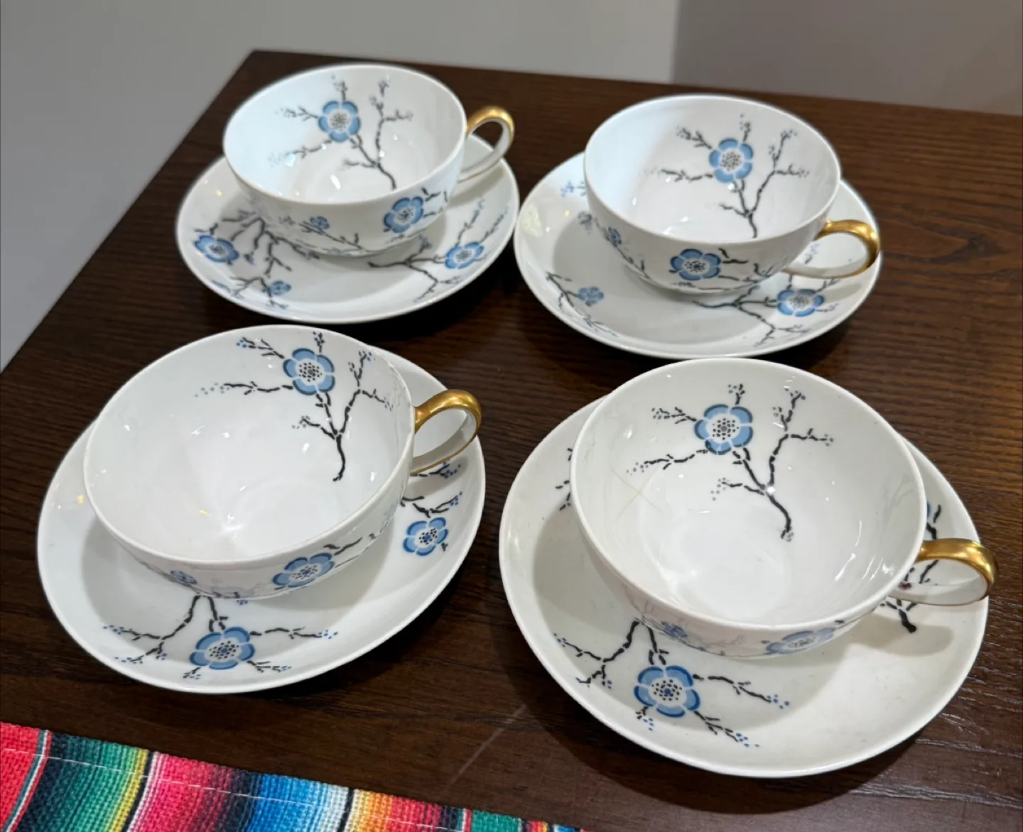 4 tea cups and saucers M Redon Limoges "CHERRY BLOSSOM" France thumbnail