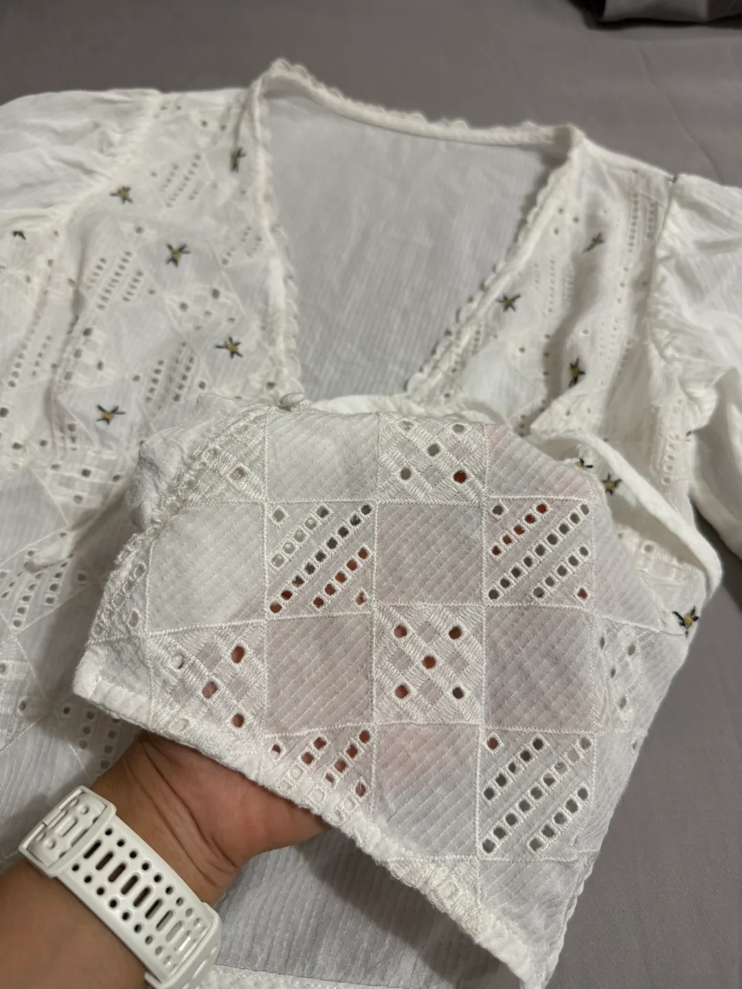 White Floral Embroidered Tie-Front Blouse image indicator(2)