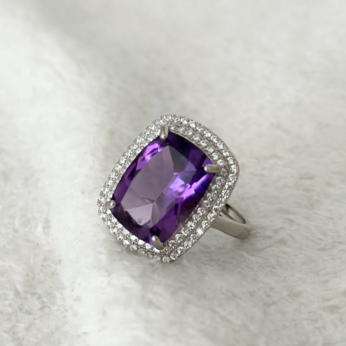 Purple Natural Amethyst White Topaz Silver Statement Ring thumbnail