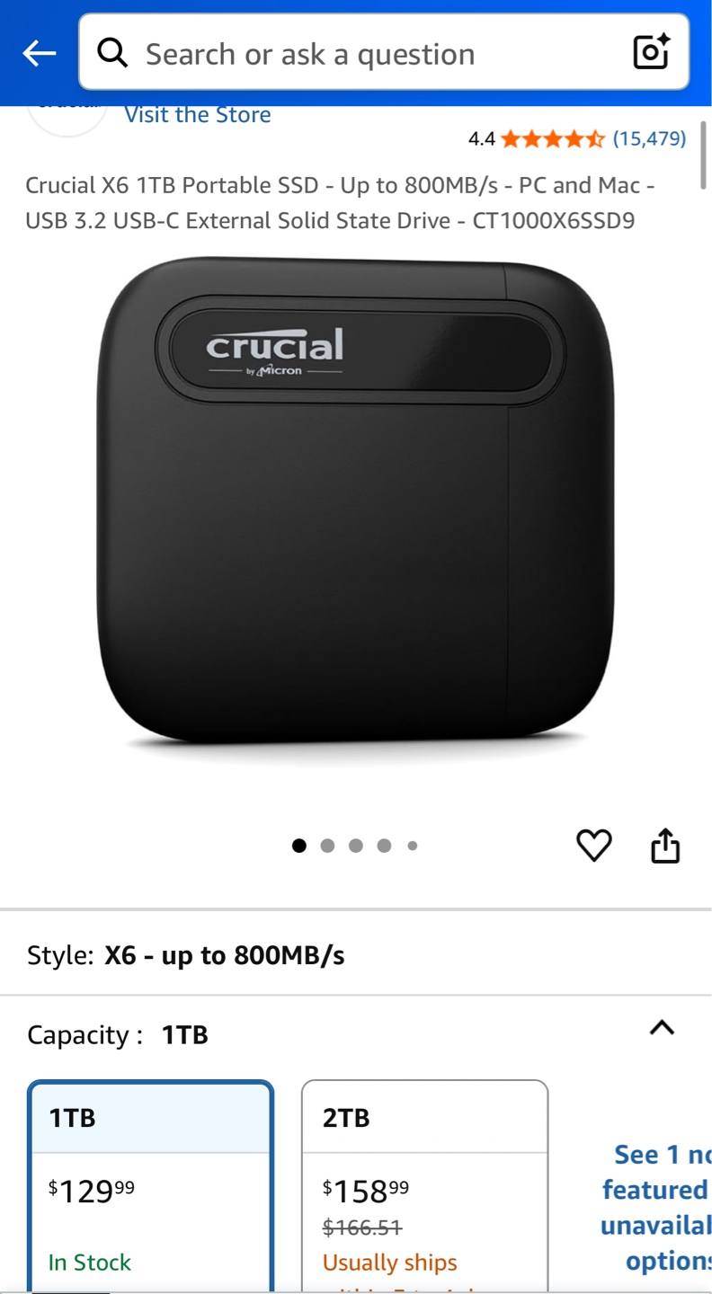 Crucial X6 1TB Portable SSD - Like New!