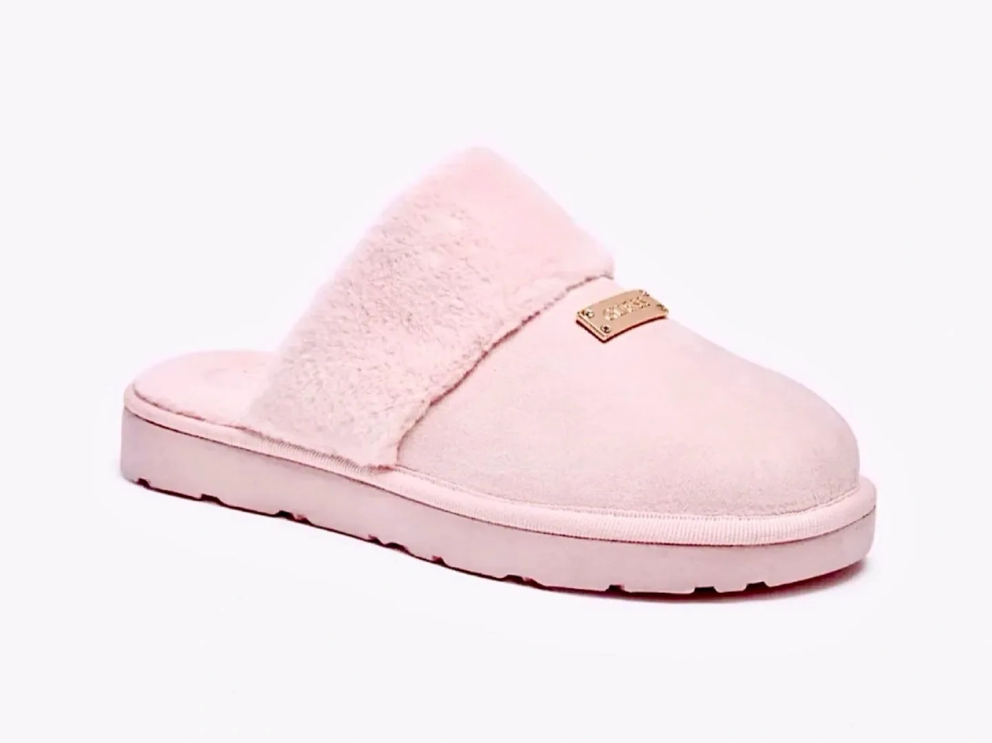 🍉BRAND NEW! REG $78 GUESS Suede Shearling Mules w Gold hardware thumbnail
