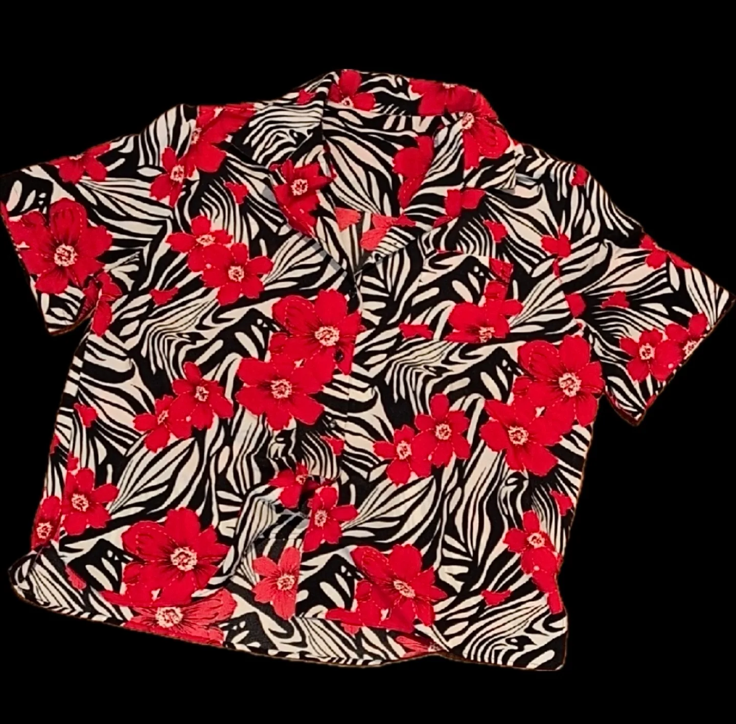 Zebra Print Red Tropical Floral Button Down Hawaiin Shirt thumbnail