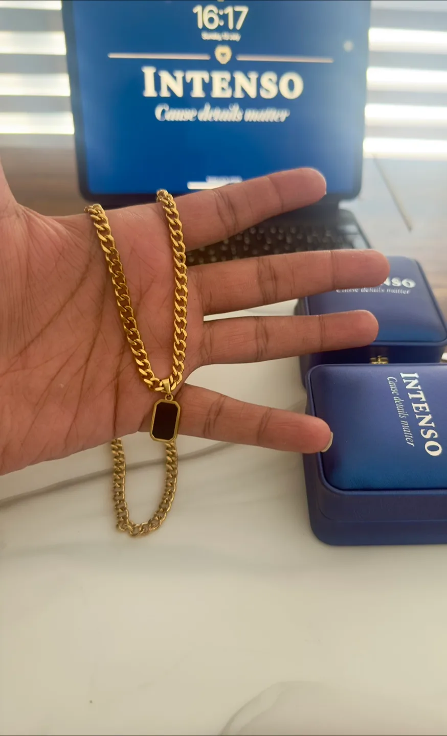 Coated in Pure 18 k Gold Cuban link, Black agate pendant thumbnail