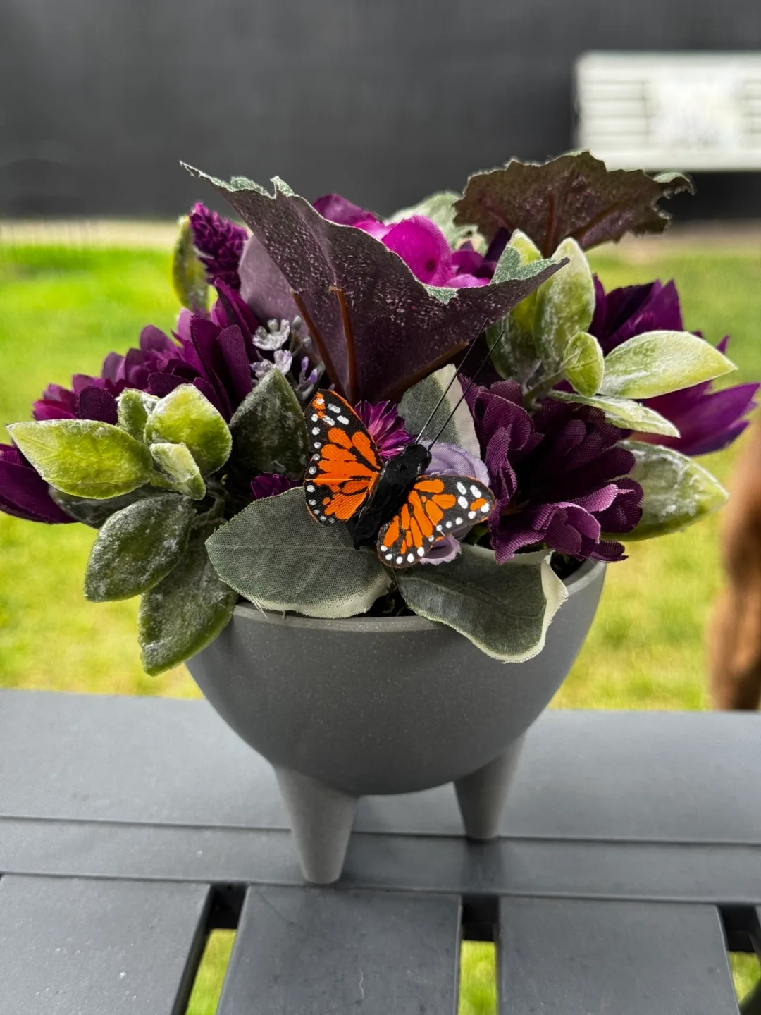 Purple Floral Arrangement in Grey Pot thumbnail