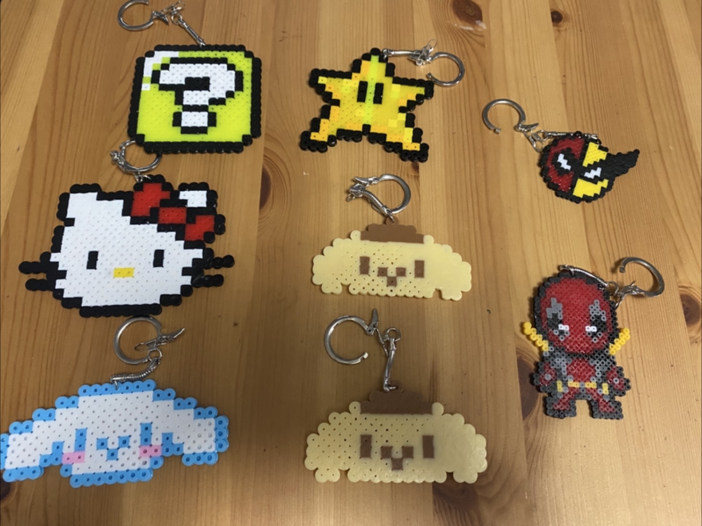 Handmade Perler Bead Keychains - Hello Kitty, Mario, Deadpool