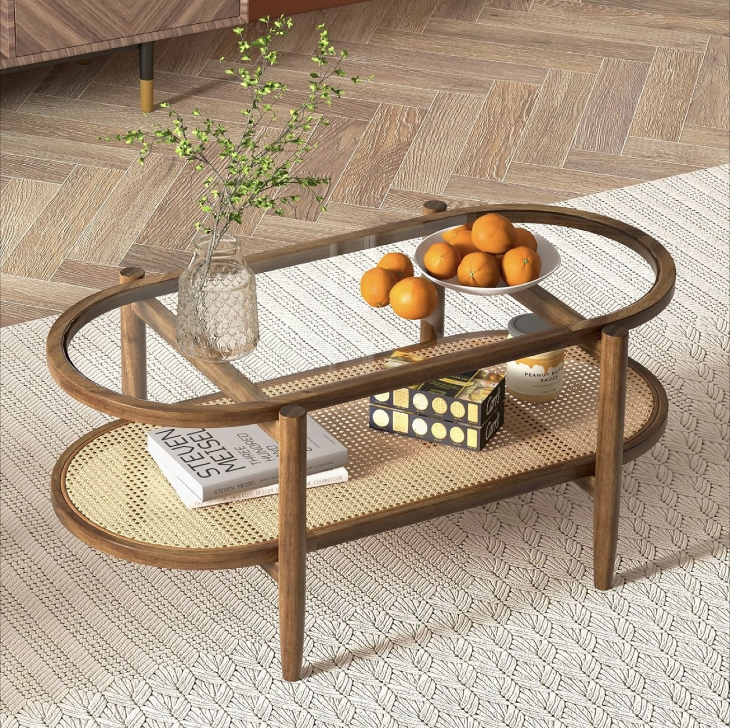 Oval Glass & Rattan Coffee Table