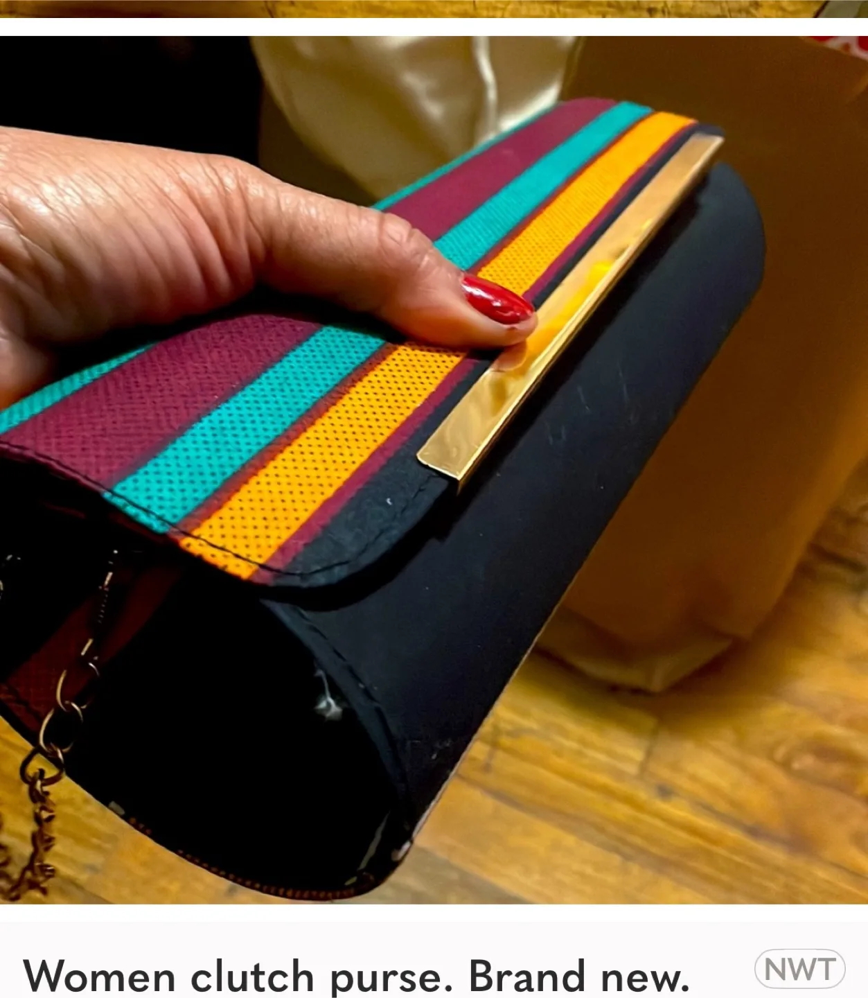 Striped Clutch Purse with Gold Chain thumbnail