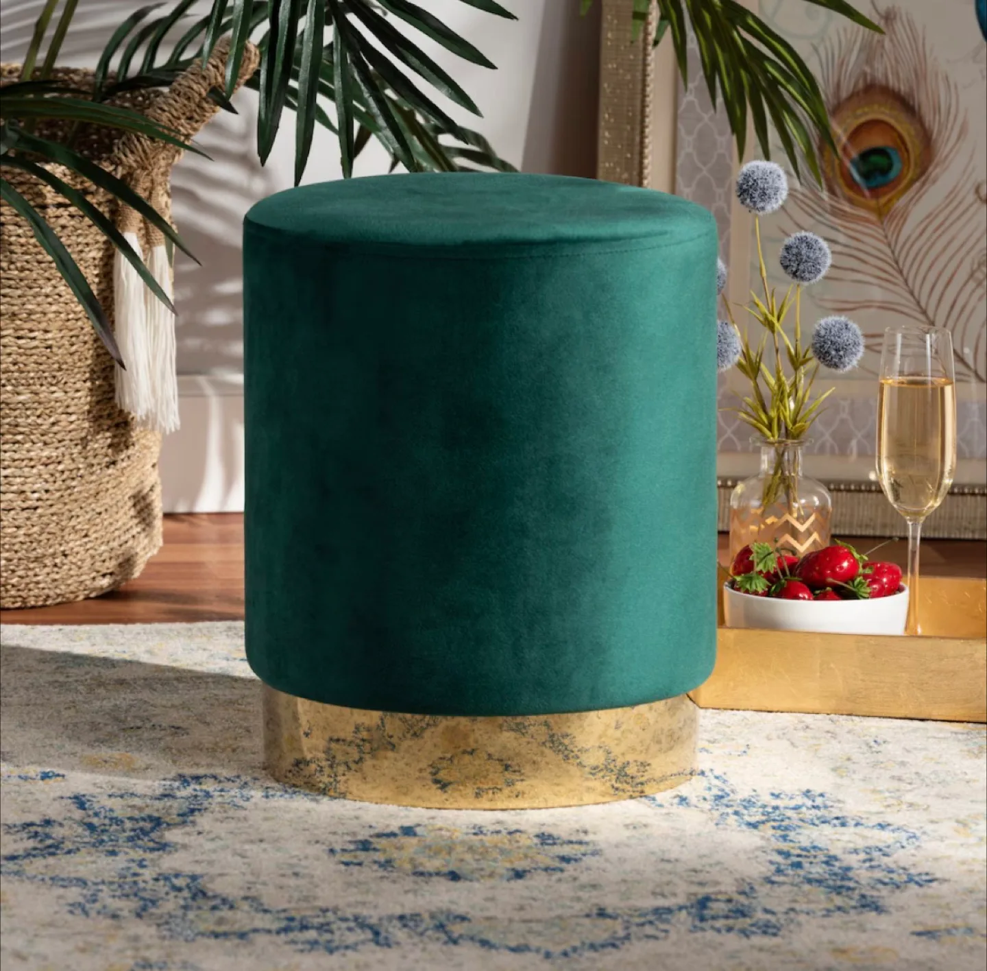 Green Velvet Ottoman with Gold Base - New! image indicator(8)