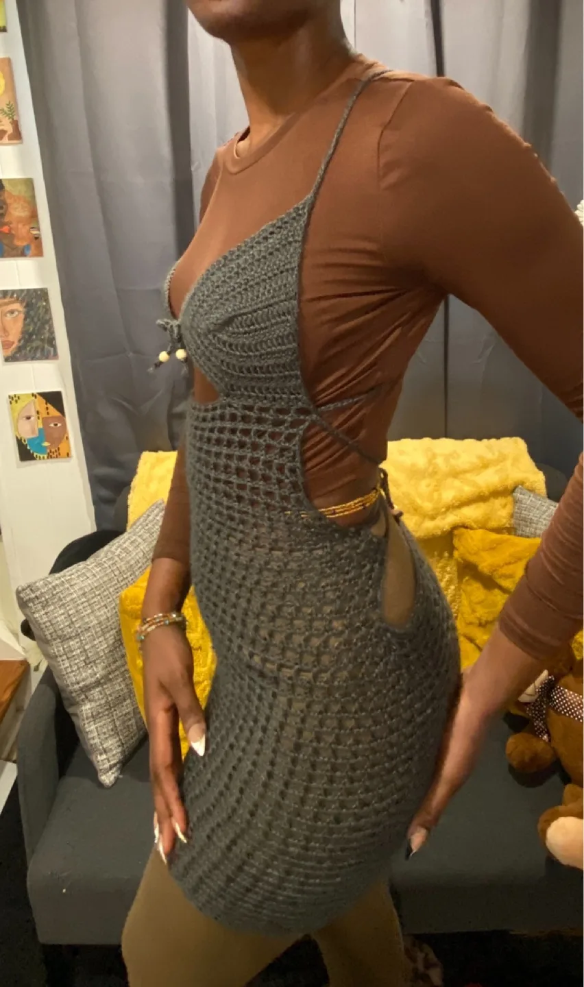 Handmade Crochet Mini Dress - Grey thumbnail
