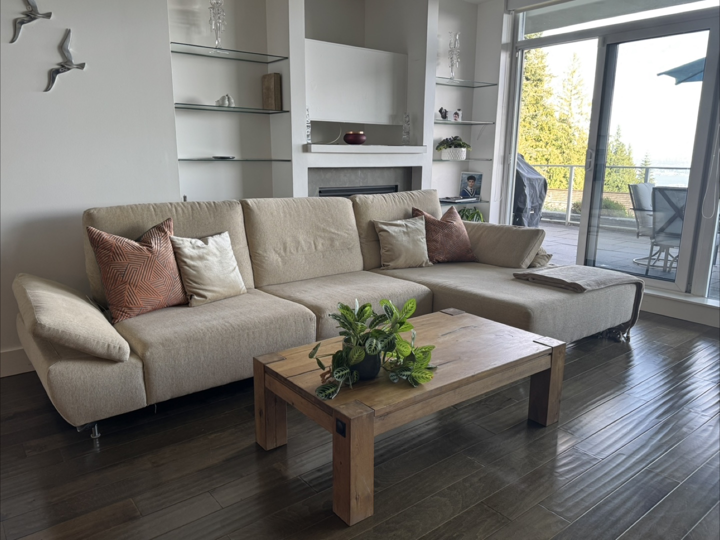 Modern Beige Sectional Sofa + Solid Wood Coffee Table