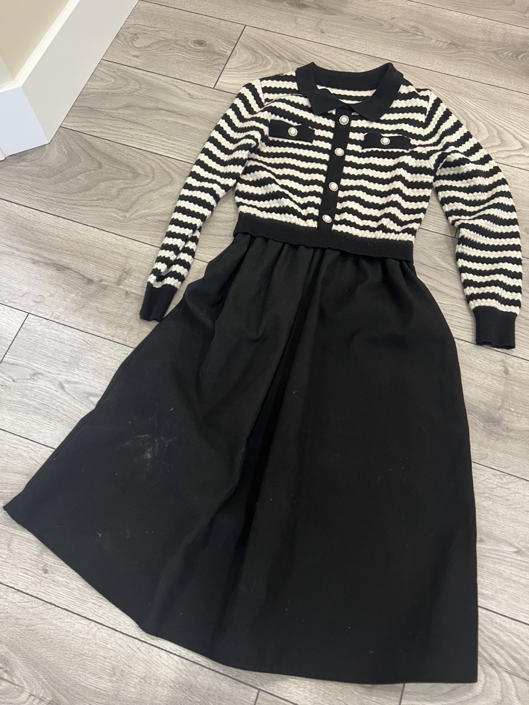 Striped Knit & Black Skirt Dress