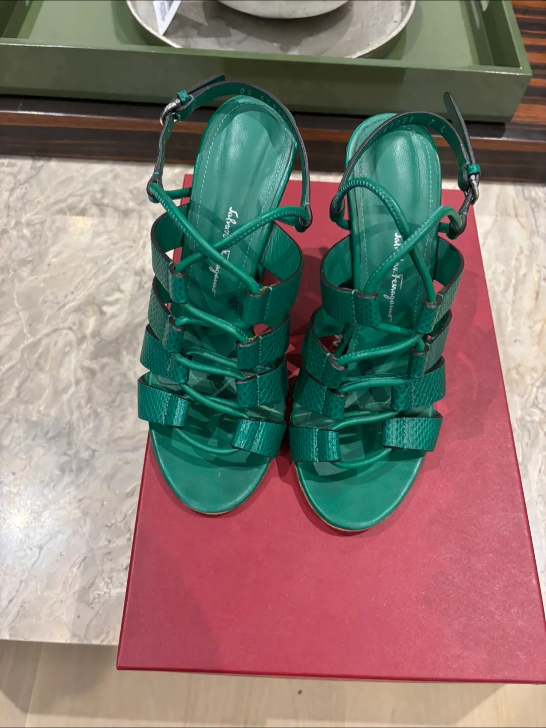 Salvatore Ferragamo Green Leather Heels - Size 7C thumbnail