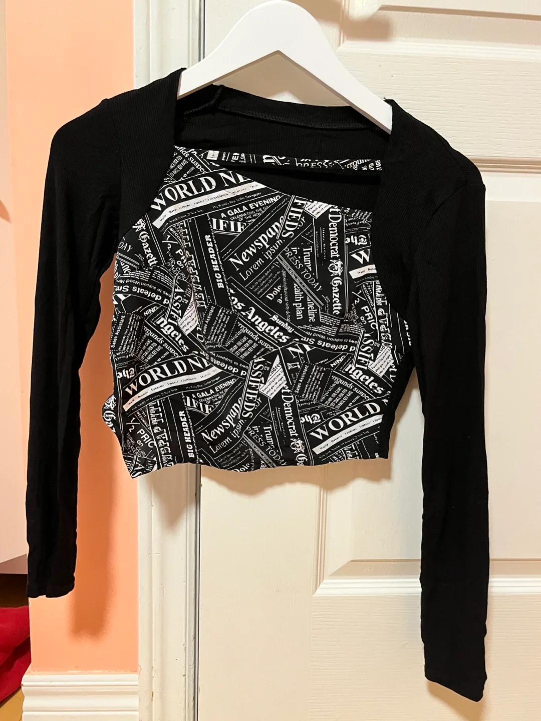 Black Newspaper Print Long Sleeve Top - Size O/S thumbnail