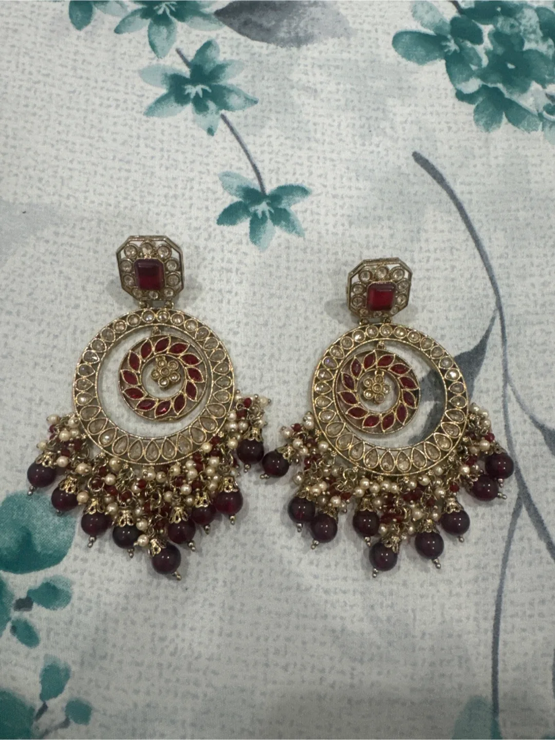 Statement Earrings - Gold & Burgundy thumbnail