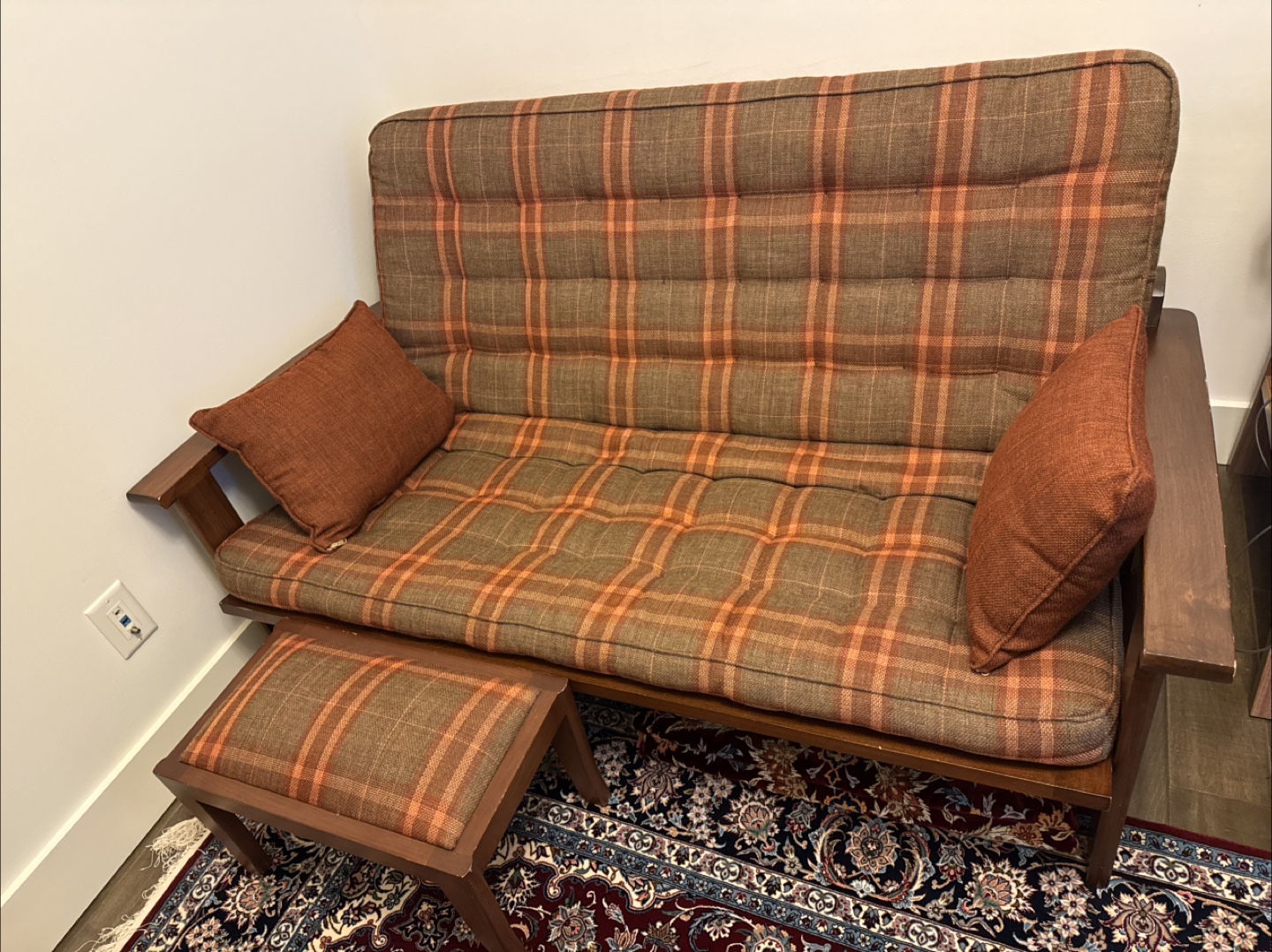 Vintage Plaid Sofa with Cushions & Ottoman