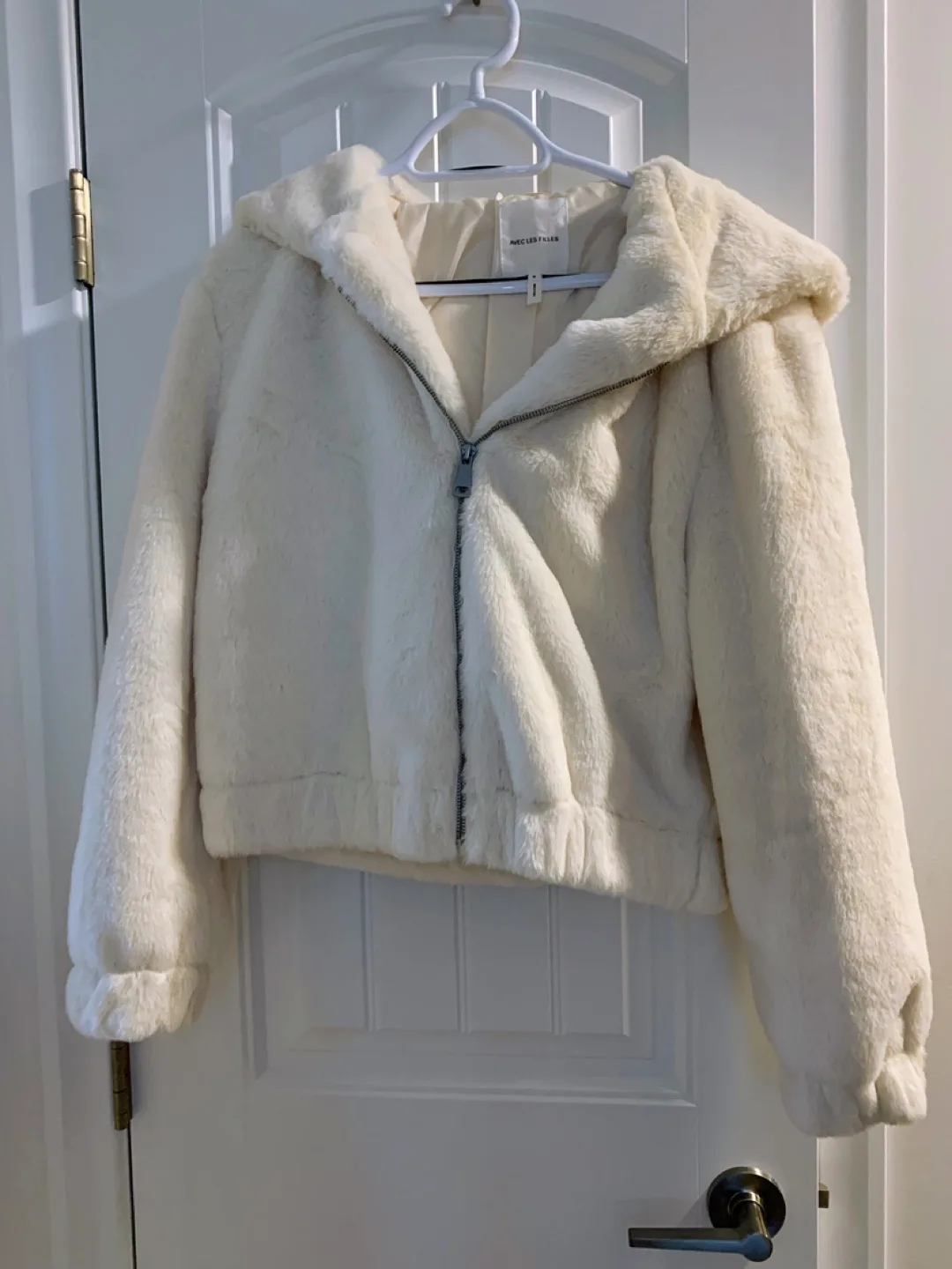 Avec Les Filles White Faux Fur Hooded Jacket - Size S
