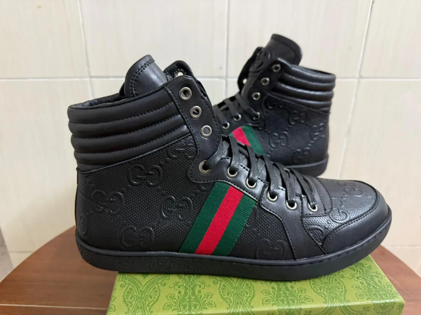 Gucci Black Leather High-Top Sneakers - Size 46 thumbnail