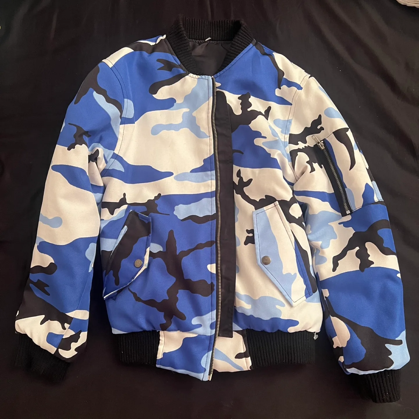 Reversible Unisex Blue&White Camo/Black Bomber Jacket thumbnail