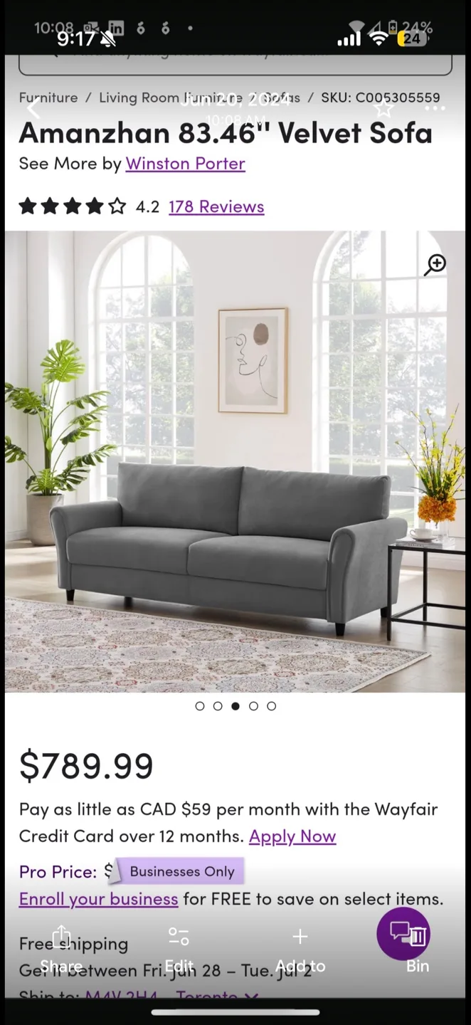 Wayfair Amanzhan 83.46" Velvet Grey Sofa thumbnail