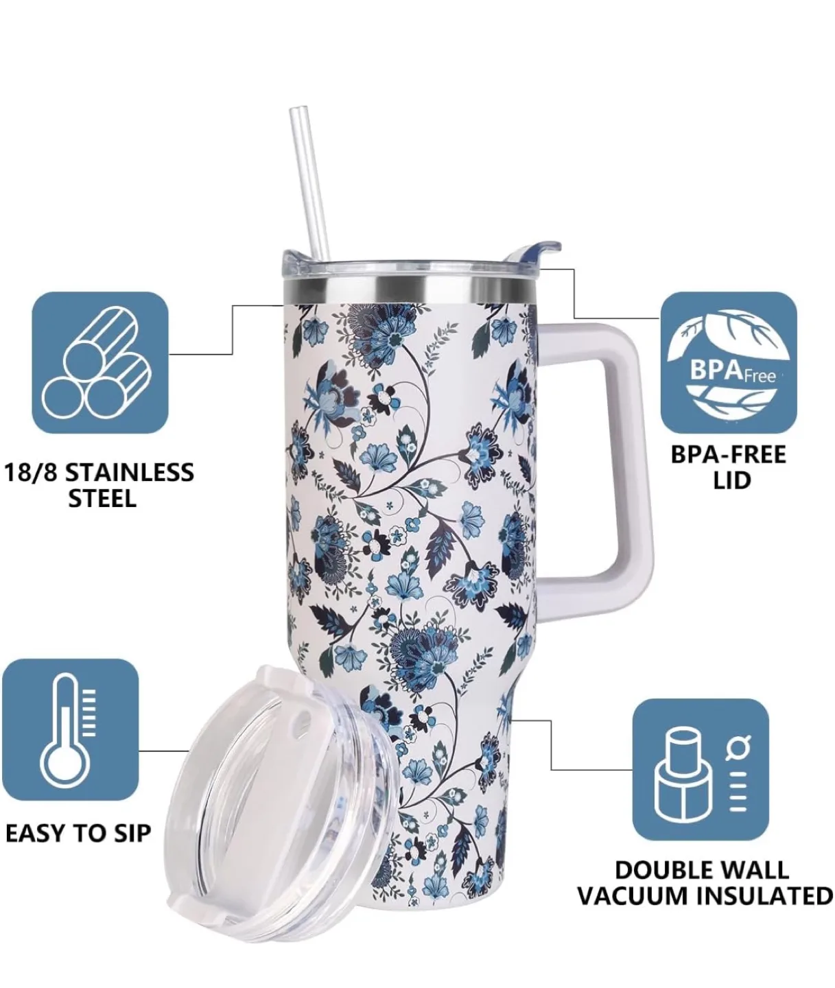 SYACOO Floral Stainless Steel Tumbler with Handle thumbnail