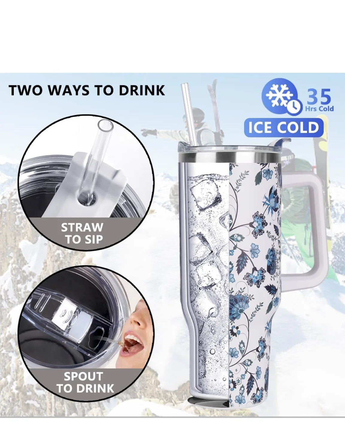 💙SYACOO Floral Stainless Steel Tumbler with Handle image indicator(2)