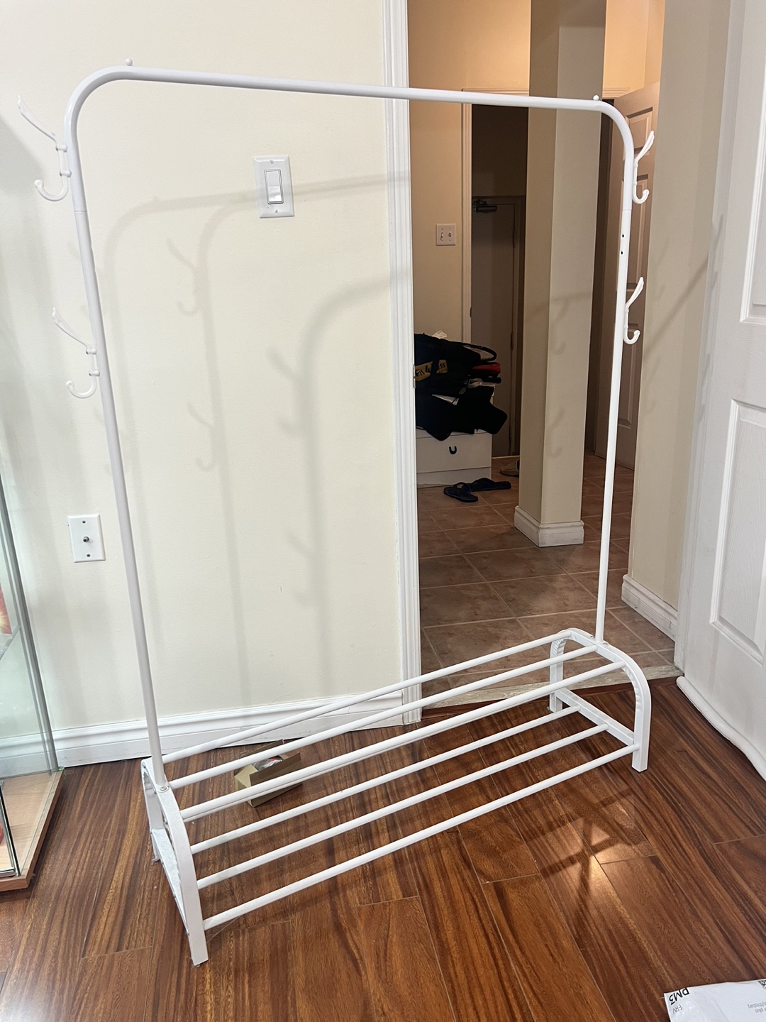 White Metal Coat Rack with Shoe Storage